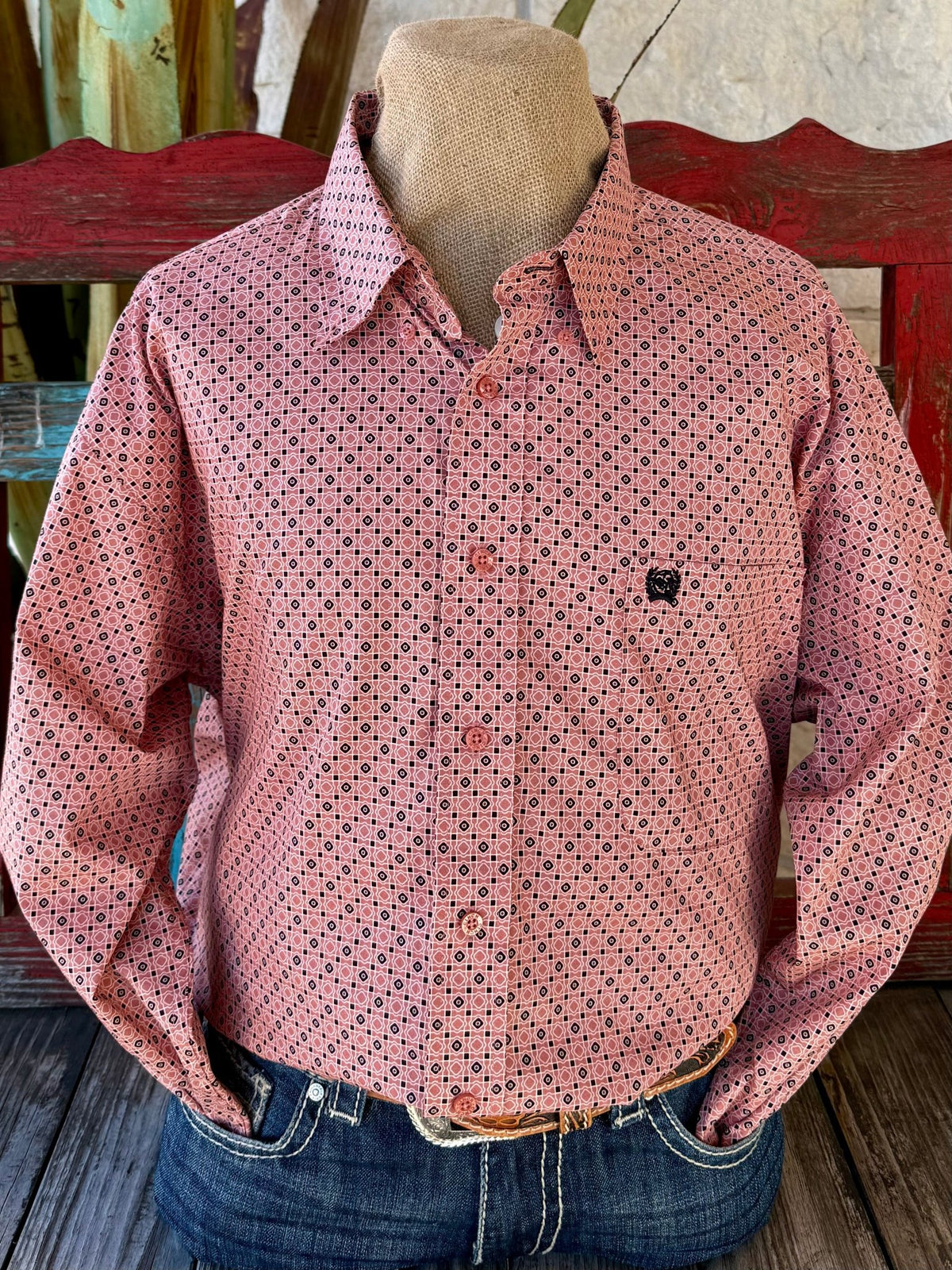 Men’s Cinch long sleeve button-down print shirt in pink, breathable woven cotton for all-day comfort, with geometric print styling and embroidered chest logo - MTW1106014. Available at Blair's Western Wear, Marble Falls, TX.