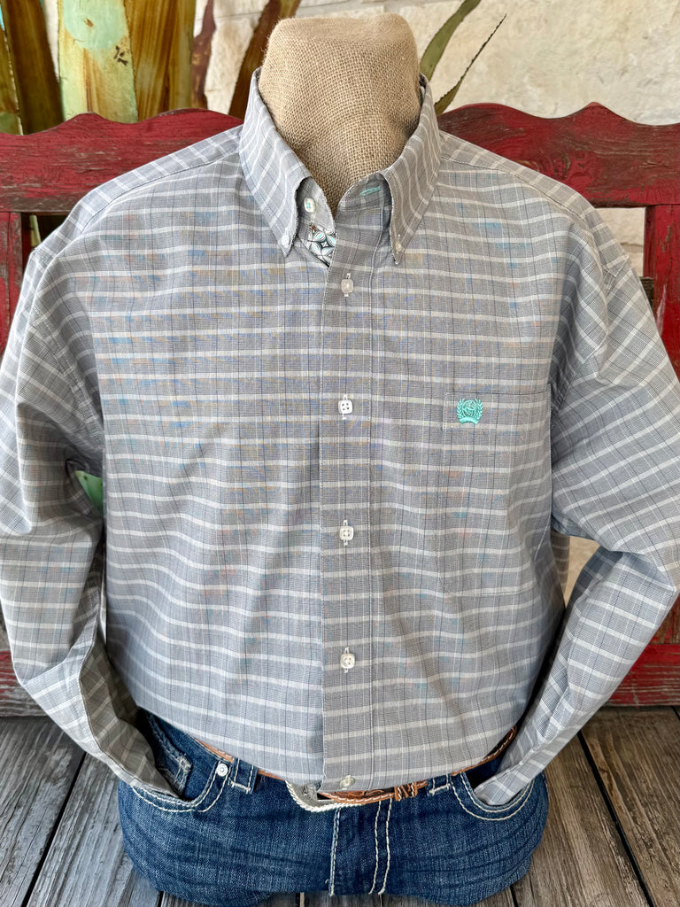 Men's Cinch long sleeve button-down plaid shirt in gray, lightweight breathable fabric for all-day comfort, with button-down collar for a structured fit - MTW1106032. Available at Blair's Western Wear, Marble Falls, TX.
