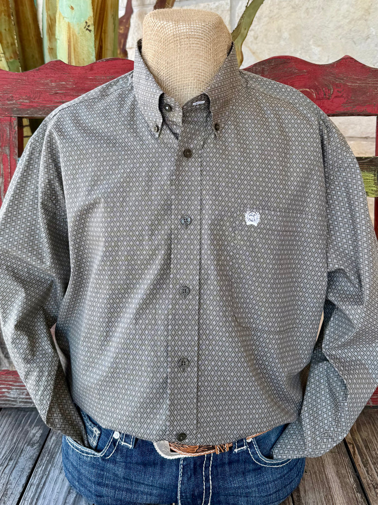 Men’s Cinch long-sleeve button-down shirt in olive with white diamond print, made from breathable cotton, with embroidered logo chest pocket - MTW1105981. Available at Blair's Western Wear, Marble Falls, TX.