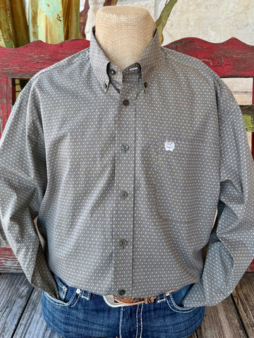 Men’s Cinch long-sleeve button-down shirt in olive with white diamond print, made from breathable cotton, with embroidered logo chest pocket - MTW1105981. Available at Blair's Western Wear, Marble Falls, TX.