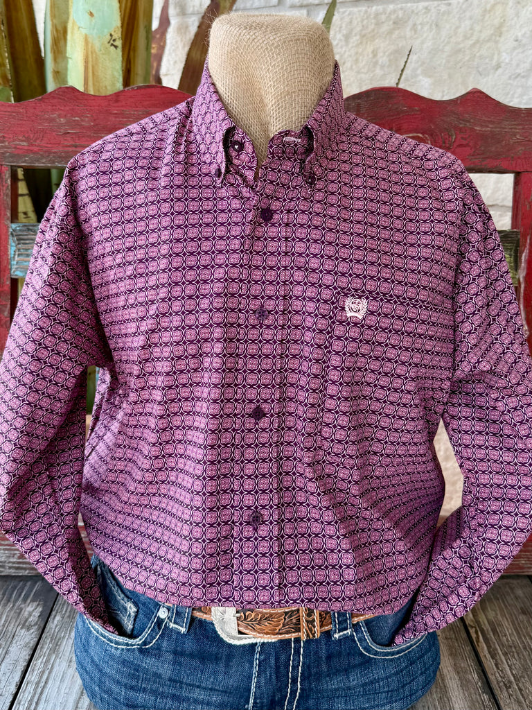 Men’s Cinch button-down long sleeve print shirt in plum and lavender, with breathable cotton comfort, classic collar design, and embroidered chest logo - MTW1105922. Available at Blair's Western Wear, Marble Falls, TX.