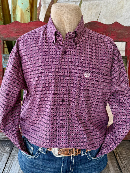 Men’s Cinch button-down long sleeve print shirt in plum and lavender, with breathable cotton comfort, classic collar design, and embroidered chest logo - MTW1105922. Available at Blair's Western Wear, Marble Falls, TX.