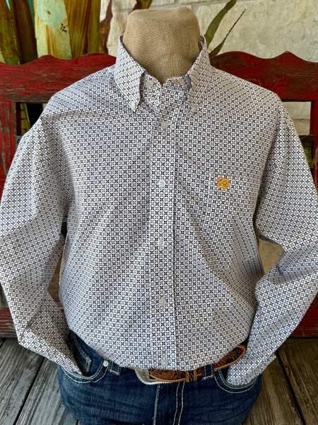 Men's Cinch long sleeve button-down print shirt in white, navy, and yellow, breathable cotton fabric for all-day comfort, with adjustable cuffs for a customizable fit - MTW1106069. Available at Blair's Western Wear, Marble Falls, TX.