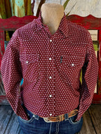 Men’s Cinch long sleeve button-down print shirt in wine, lightweight breathable cotton for all-day comfort, with a structured button-down collar for a polished fit - MTW1303099. Available at Blair's Western Wear, Marble Falls, TX.