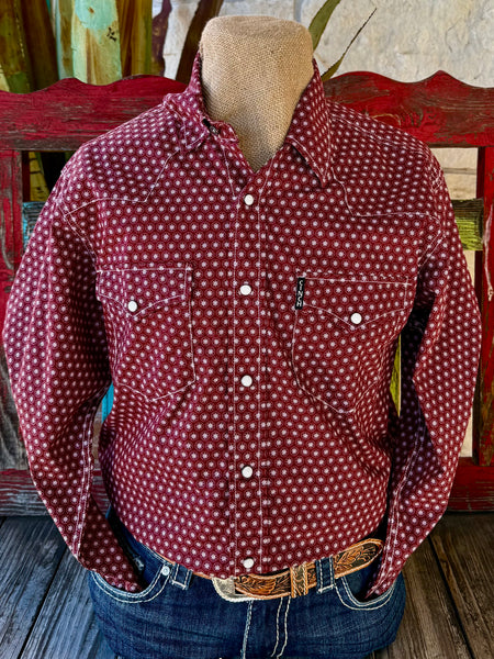 Men’s Cinch long sleeve button-down print shirt in wine, lightweight breathable cotton for all-day comfort, with a structured button-down collar for a polished fit - MTW1303099. Available at Blair's Western Wear, Marble Falls, TX.