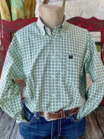 Men's Cinch Long Sleeve Shirt in green with medallion print, featuring a single front pocket and lime geometric contrast trim - MTW1105862. Available at Blair's Western Wear, Marble Falls, TX.