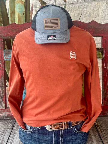 Men’s Cinch Long Sleeve Tee in Burnt Orange, soft breathable cotton-blend fabric for all-day comfort, with bold patriotic “Land of the Free” USA back print – MTK17210107. Available at Blair's Western Wear, Marble Falls, TX.