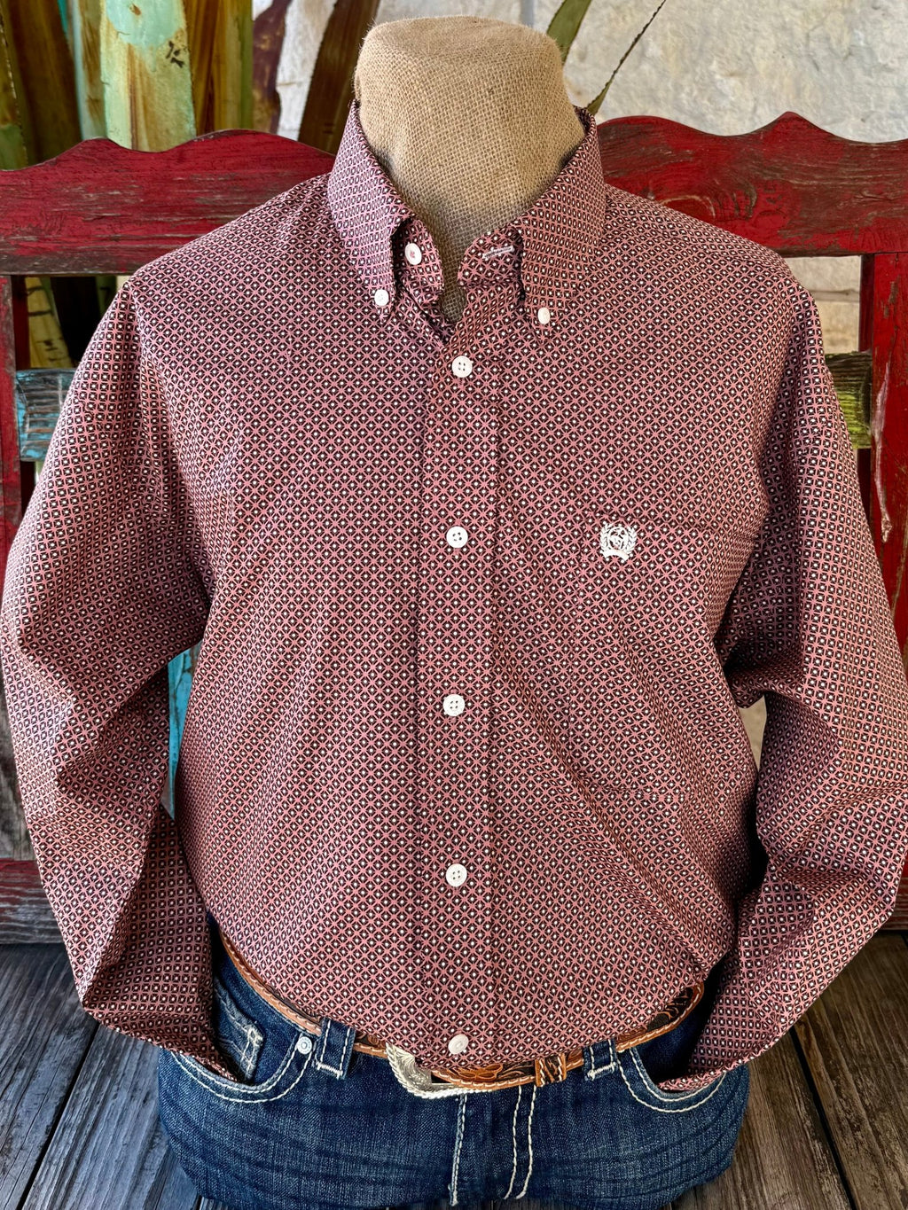 Men’s Cinch long sleeve button-down shirt in pink and brown, lightweight woven cotton blend for breathable all-day comfort, with a classic button-down collar and geometric print – MTW1106017. Available at Blair's Western Wear, Marble Falls, TX.