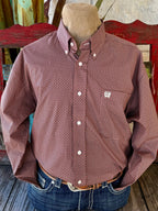 Men’s Cinch long sleeve button-down shirt in pink and brown, lightweight woven cotton blend for breathable all-day comfort, with a classic button-down collar and geometric print – MTW1106017. Available at Blair's Western Wear, Marble Falls, TX.