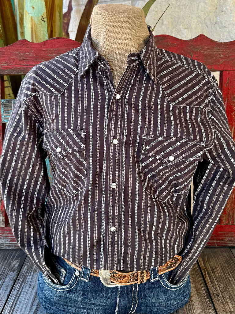 Men’s Cinch long sleeve Western snap front shirt in chocolate and white, breathable cotton blend for all-day comfort, with snap-closure chest pockets for functional Western styling – MTW1303097. Available at Blair's Western Wear, Marble Falls, TX.
