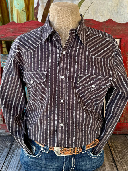 Men’s Cinch long sleeve Western snap front shirt in chocolate and white, breathable cotton blend for all-day comfort, with snap-closure chest pockets for functional Western styling – MTW1303097. Available at Blair's Western Wear, Marble Falls, TX.