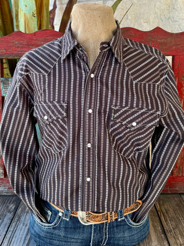 Men’s Cinch long sleeve Western snap front shirt in chocolate and white, breathable cotton blend for all-day comfort, with snap-closure chest pockets for functional Western styling – MTW1303097. Available at Blair's Western Wear, Marble Falls, TX.