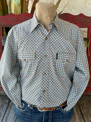 Men’s Cinch long sleeve snap front print shirt in natural, turquoise, and mustard, breathable cotton weave for all-day comfort, with secure snap chest pockets and classic western styling – MTW1303093. Available at Blair's Western Wear, Marble Falls, TX.