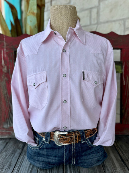 Men’s Cinch long sleeve western snap shirt in pink and white, crafted from breathable cotton for all-day comfort, with dual snap-flap pockets and a classic western yoke - MTW1303087. Available at Blair's Western Wear, Marble Falls, TX.