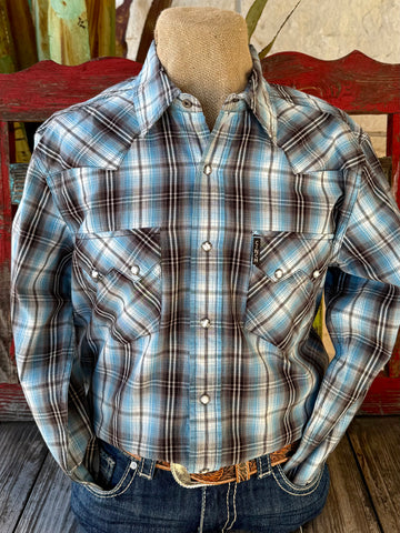 Men’s Cinch long sleeve snap shirt in blue and black plaid, breathable woven fabric for all-day comfort, with pearl snap closures and dual chest pockets – MTW1301089. Available at Blair's Western Wear, Marble Falls, TX.