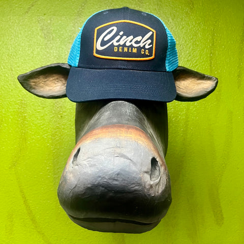 Men's Cinch Mesh Logo Cap in Navy/Turquoise, structured cotton twill front for a secure fit, with breathable turquoise mesh back for ventilation - MCC0511017. Available at Blair's Western Wear, Marble Falls, TX.