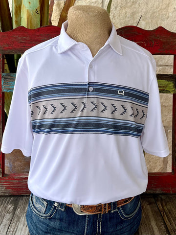 Men's Cinch Polo Shirt in White/Blue/Tan, made with breathable moisture-wicking fabric, featuring a Southwestern stripe design across the chest – MTK1863047. Available at Blair's Western Wear, Marble Falls, TX.
