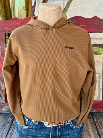 Men’s Cinch pullover hoodie in brown and chocolate stripe, made from ribbed stretch fabric, with an attached hood and subtle chest logo – MTK1671001. Available at Blair’s Western Wear, Marble Falls, TX.