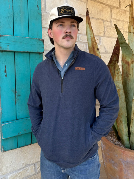 Men’s Cinch pullover in heather navy, made from soft breathable fabric for all-day comfort, with rib-knit cuffs and a kangaroo pocket for warmth – MWK1913004. Available at Blair's Western Wear, Marble Falls, TX.