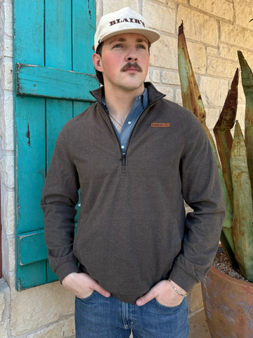 Men’s Cinch quarter-zip pullover in olive, made from a soft midweight cotton blend for all-day comfort, with rib-knit cuffs and waistband to retain shape - MWK1913003. Available at Blair's Western Wear, Marble Falls, TX.