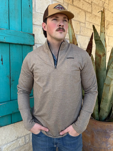Men’s Cinch quarter-zip pullover in heather tan, made from stretch poly-spandex fabric for comfort, featuring a quarter-zip neckline for easy layering – MTK1882002. Available at Blair’s Western Wear, Marble Falls, TX.