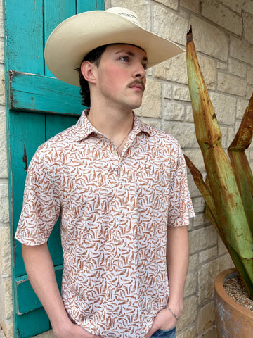 Men's Cinch Short-Sleeve Pullover Polo in cream with pistol print, featuring moisture-wicking fabric and stretch-friendly material - MTK1863043. Available at Blair's Western Wear, Marble Falls, TX.