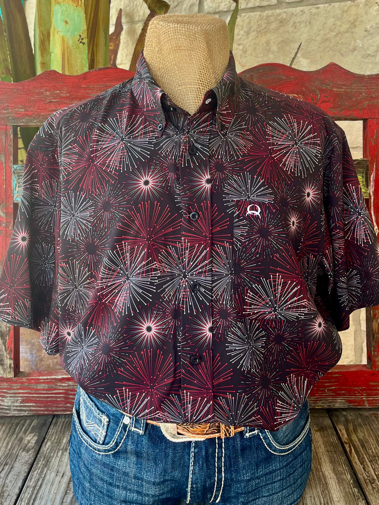 Men's Cinch short sleeve button-down print shirt in black/red, lightweight breathable cotton-blend fabric, with bold firework pattern for standout style - MTW1704156. Available at Blair's Western Wear, Marble Falls, TX.