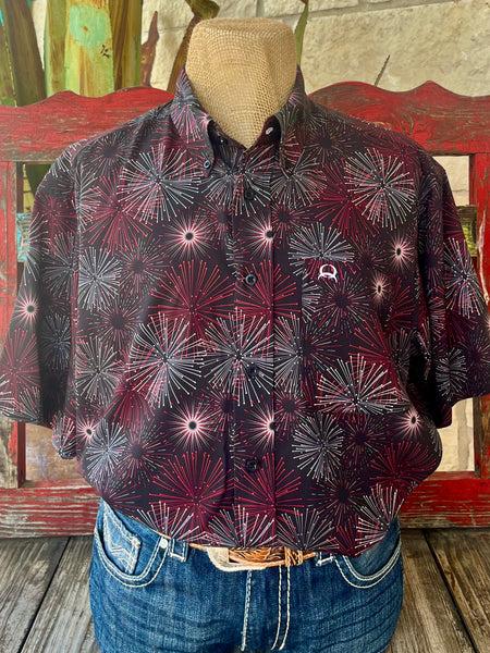 Men's Cinch short sleeve button-down print shirt in black/red, lightweight breathable cotton-blend fabric, with bold firework pattern for standout style - MTW1704156. Available at Blair's Western Wear, Marble Falls, TX.