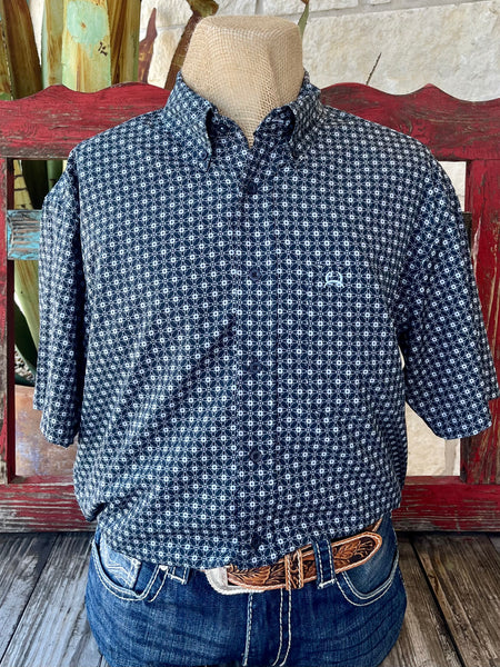 Men's Cinch Short Sleeve Button-Down Shirt in Navy/Light Blue, lightweight cotton for warm weather comfort, with embroidered Cinch logo and relaxed fit for mobility - MTW704154. Available at Blair's Western Wear, Marble Falls, TX.