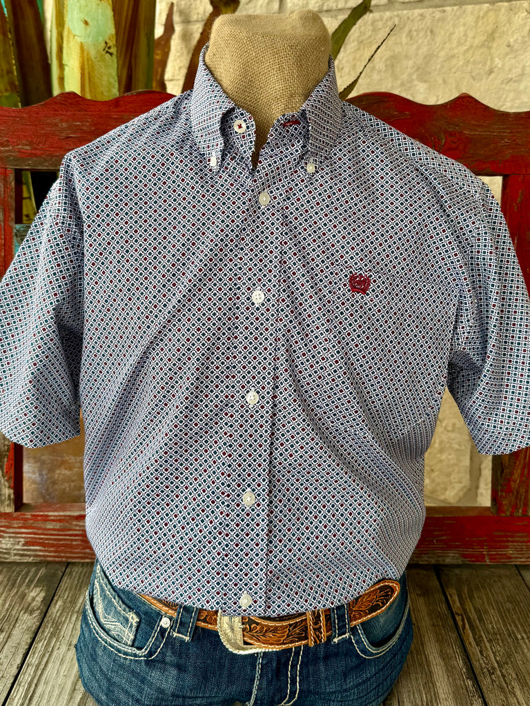 Men’s Cinch short sleeve button-down print shirt in white, blue, and red, lightweight cotton fabric for breathable comfort, with geometric print design for versatile styling - MTW1111502. Available at Blair's Western Wear, Marble Falls, TX.