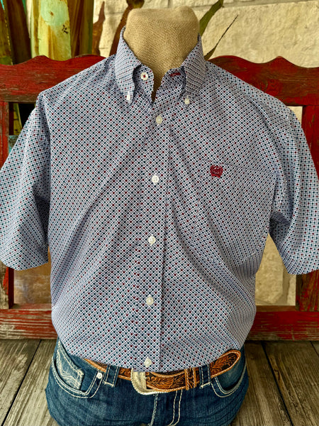 Men’s Cinch short sleeve button-down print shirt in white, blue, and red, lightweight cotton fabric for breathable comfort, with geometric print design for versatile styling - MTW1111502. Available at Blair's Western Wear, Marble Falls, TX.