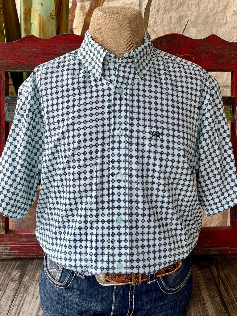 Men's Cinch Short Sleeve Button-Down Printed Shirt in Light Blue, lightweight cotton fabric for breathable comfort, with a button-down collar for a structured Western look - MTW1704159. Available at Blair's Western Wear, Marble Falls, TX.