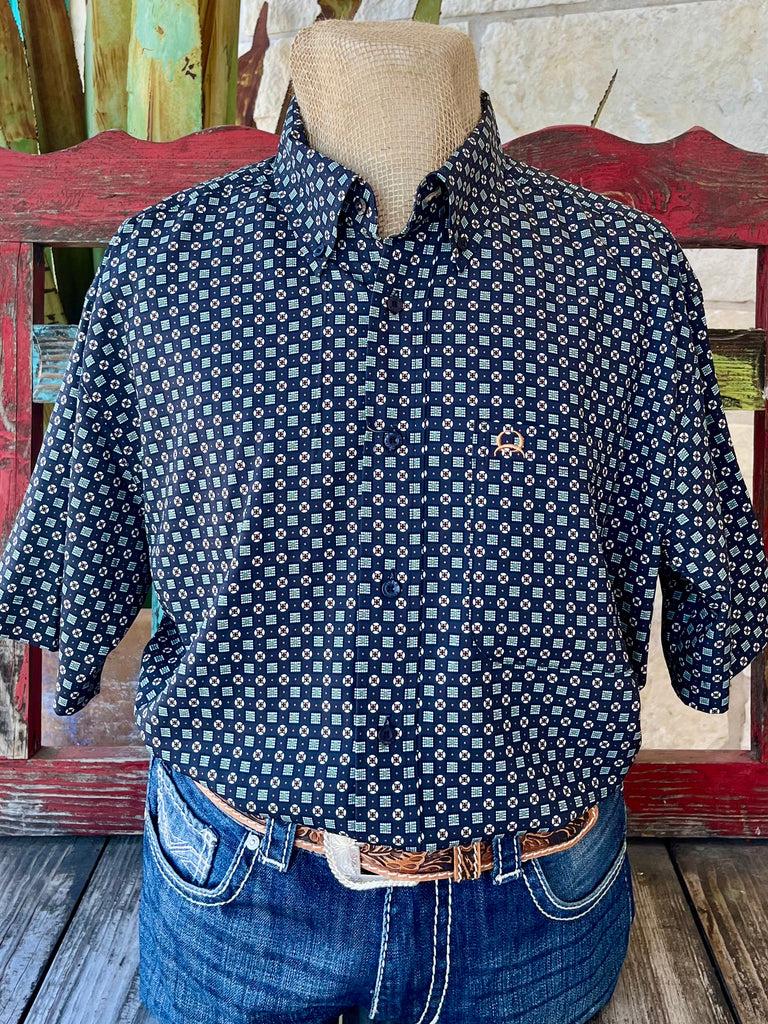 Men's Cinch Short Sleeve Button-Down Shirt in navy with geometric print, featuring moisture-wicking poly-spandex fabric and classic fit design - MTW1704146. Available at Blair's Western Wear, Marble Falls, TX.