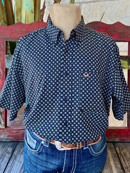 Men's Cinch Short Sleeve Button-Down Shirt in navy with geometric print, featuring moisture-wicking poly-spandex fabric and classic fit design - MTW1704146. Available at Blair's Western Wear, Marble Falls, TX.