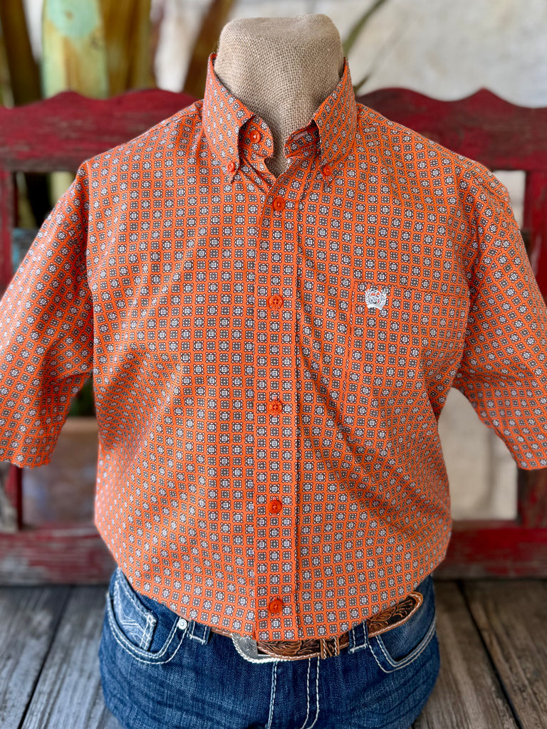 Men’s Cinch short sleeve button-down shirt in orange, lightweight breathable fabric for all-day comfort, with geometric print for versatile western styling - MTW1111511. Available at Blair's Western Wear, Marble Falls, TX.