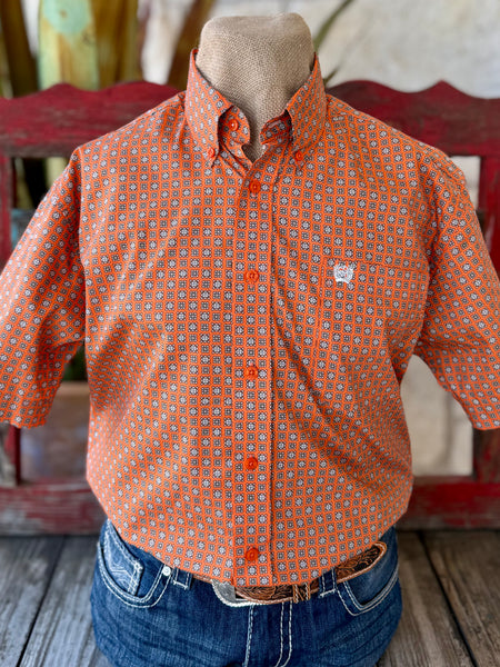 Men’s Cinch short sleeve button-down shirt in orange, lightweight breathable fabric for all-day comfort, with geometric print for versatile western styling - MTW1111511. Available at Blair's Western Wear, Marble Falls, TX.