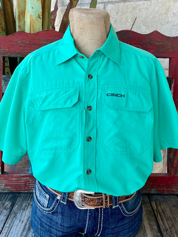 Men's Cinch Short Sleeve Western Shirt in turquoise, featuring lightweight poly-spandex ripstop fabric with back yoke vent - MTW1723001. Available at Blair's Western Wear, Marble Falls, TX.