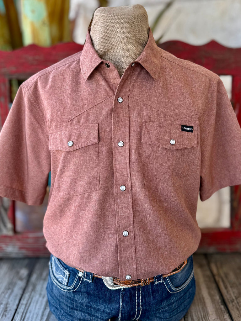 Men’s Cinch Western Short Sleeve Button-Down Shirt in Brick, lightweight breathable fabric for all-day comfort, with dual snap chest pockets for secure storage - MTW1402010. Available at Blair's Western Wear, Marble Falls, TX.
