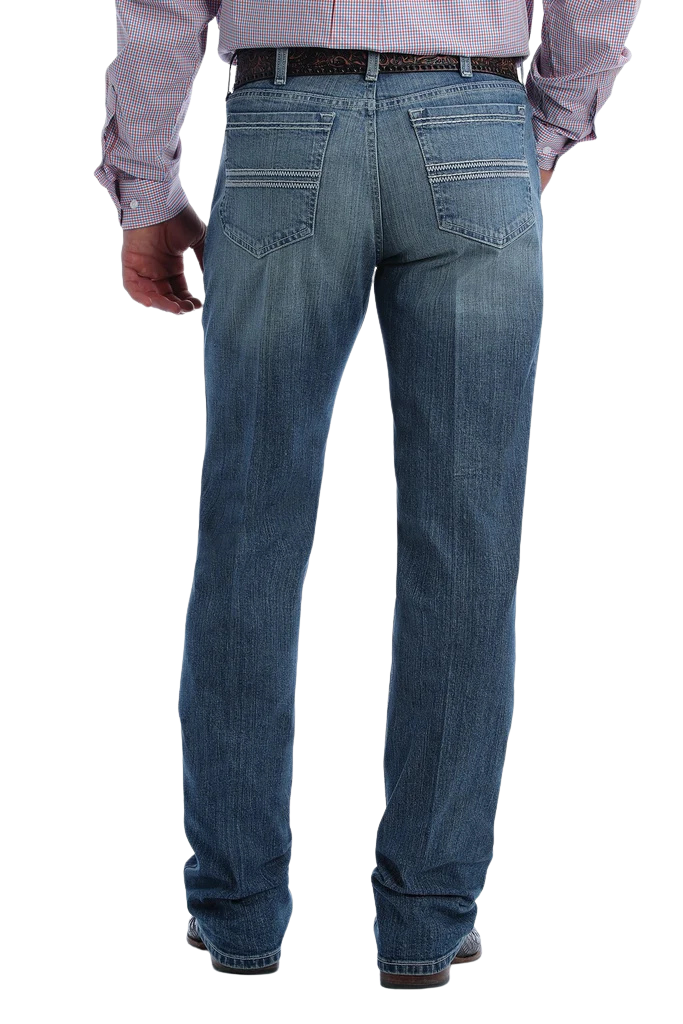 Men's medium stonewash slim straight-leg denim jeans with zig-zag back pocket embroidery and zip fly — Blair's Western Wear Marble Falls TX