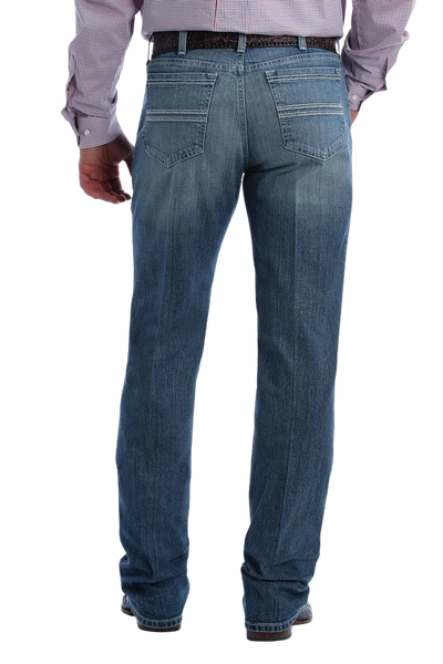 Men's medium stonewash slim straight-leg denim jeans with zig-zag back pocket embroidery and zip fly — Blair's Western Wear Marble Falls TX