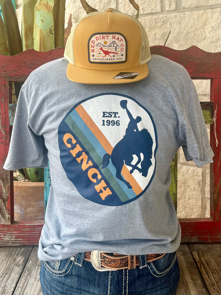 Men's Cinch T-Shirt Grey Bronc Logo in cotton-polyester blend for breathable comfort, featuring a bold bucking bronc front screen print for standout Western style - MTT1690665. Available at Blair's Western Wear, Marble Falls, TX.