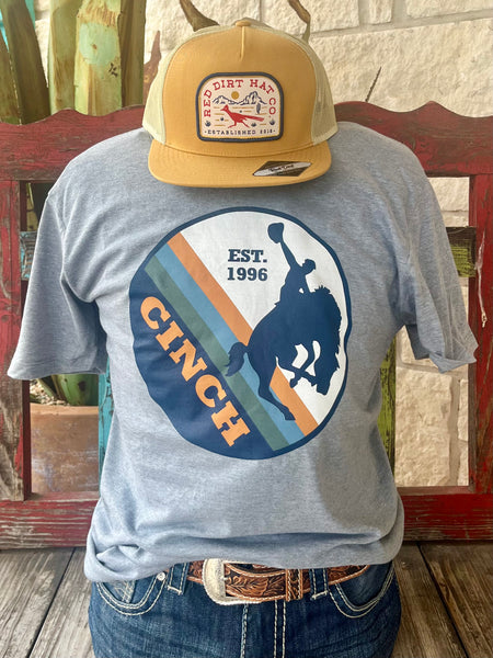 Men's Cinch T-Shirt Grey Bronc Logo in cotton-polyester blend for breathable comfort, featuring a bold bucking bronc front screen print for standout Western style - MTT1690665. Available at Blair's Western Wear, Marble Falls, TX.