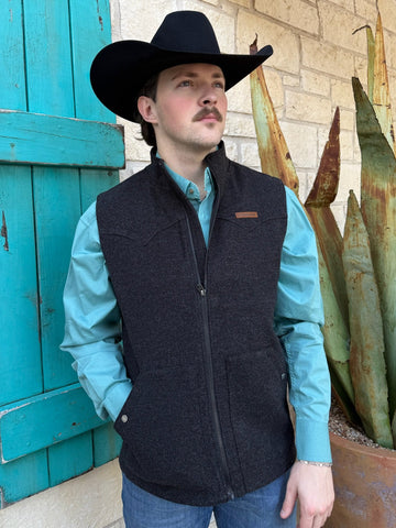 Men’s Cinch black zip vest, featuring a water-resistant fabric and snap-close hand pockets – MWV1934001. Available at Blair's Western Wear, Marble Falls, TX.
