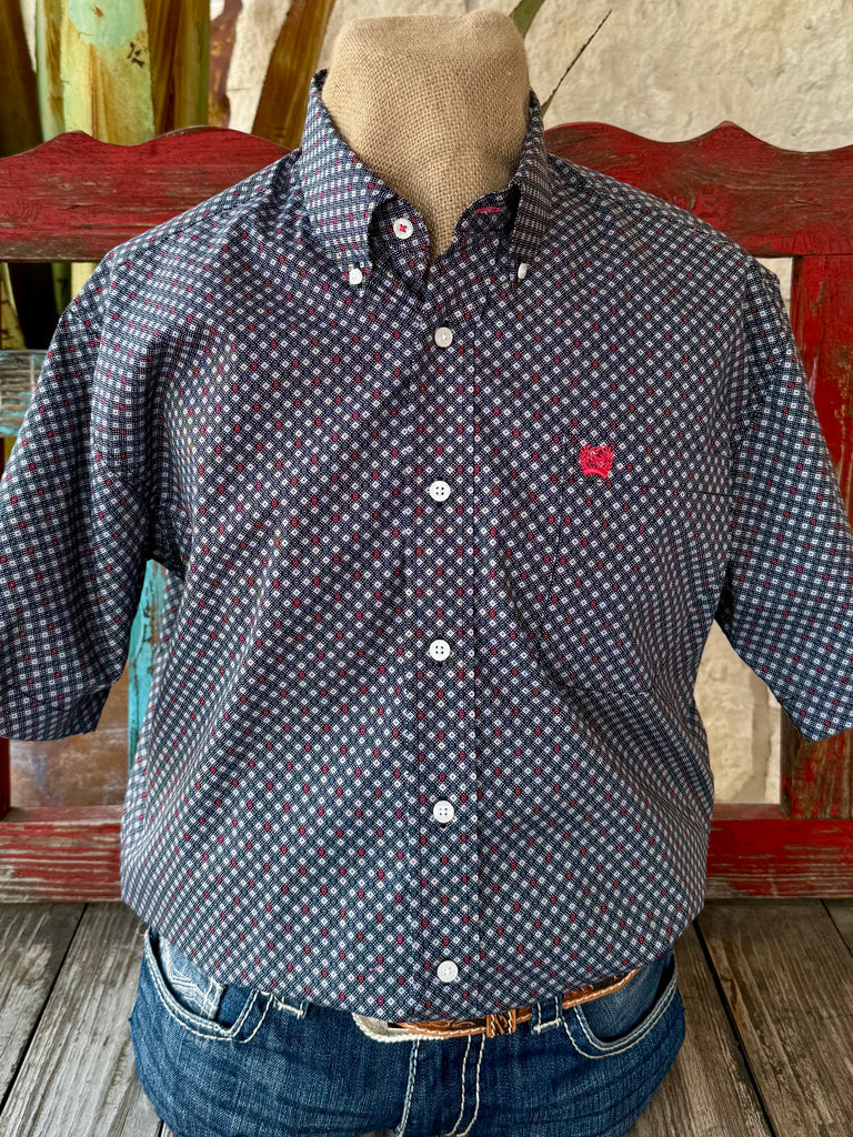 Men’s Cinch Western Button-Down Shirt in black, red, and gray print, built from lightweight breathable cotton that keeps you comfortable, with a tailored fit that allows easy movement - MTW1111500. Available at Blair's Western Wear, Marble Falls, TX.