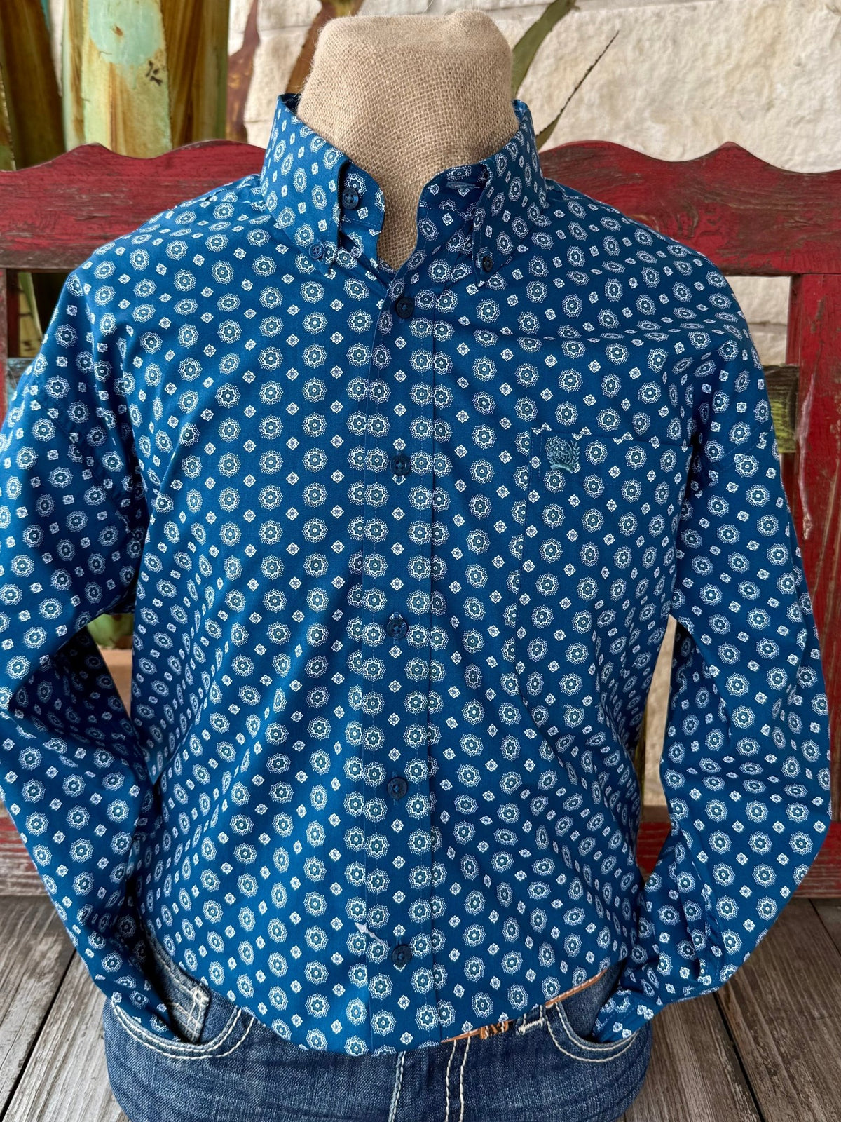 Men’s Cinch Western button-down shirt in blue, breathable cotton fabric that keeps you comfortable through long days, with all-over geometric print in blue and white adds visual interest while remaining versatile - MTW1106054. Available at Blair's Western Wear, Marble Falls, TX.