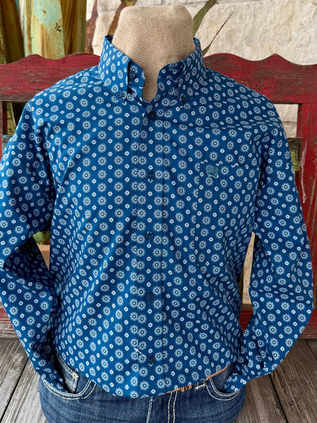 Men’s Cinch Western button-down shirt in blue, breathable cotton fabric that keeps you comfortable through long days, with all-over geometric print in blue and white adds visual interest while remaining versatile - MTW1106054. Available at Blair's Western Wear, Marble Falls, TX.