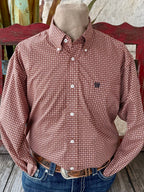 Men’s Cinch Western long sleeve button-down shirt in brick print, lightweight breathable cotton fabric for all-day comfort, with embroidered Cinch logo chest pocket - MTW1106028. Available at Blair's Western Wear, Marble Falls, TX.