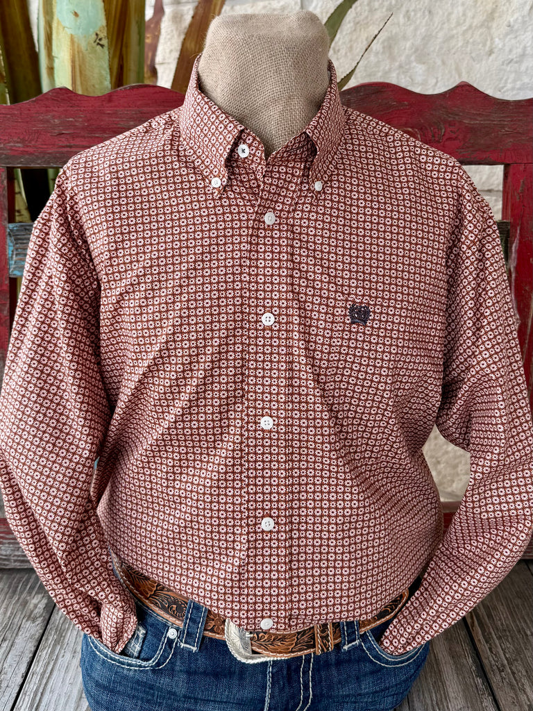 Men’s Cinch Western long sleeve button-down shirt in brick print, lightweight breathable cotton fabric for all-day comfort, with embroidered Cinch logo chest pocket - MTW1106028. Available at Blair's Western Wear, Marble Falls, TX.