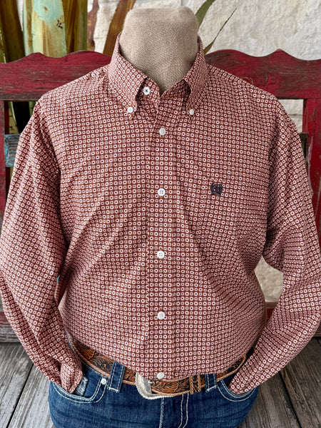 Men’s Cinch Western long sleeve button-down shirt in brick print, lightweight breathable cotton fabric for all-day comfort, with embroidered Cinch logo chest pocket - MTW1106028. Available at Blair's Western Wear, Marble Falls, TX.