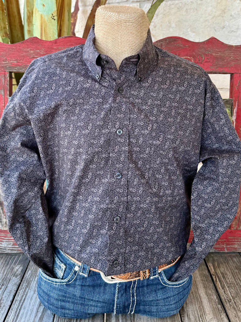 Men’s Cinch western button-down shirt in charcoal paisley print, made from 100% cotton plain weave, with button-down collar and embroidered chest pocket – MTW1105959. Available at Blair’s Western Wear, Marble Falls, TX.